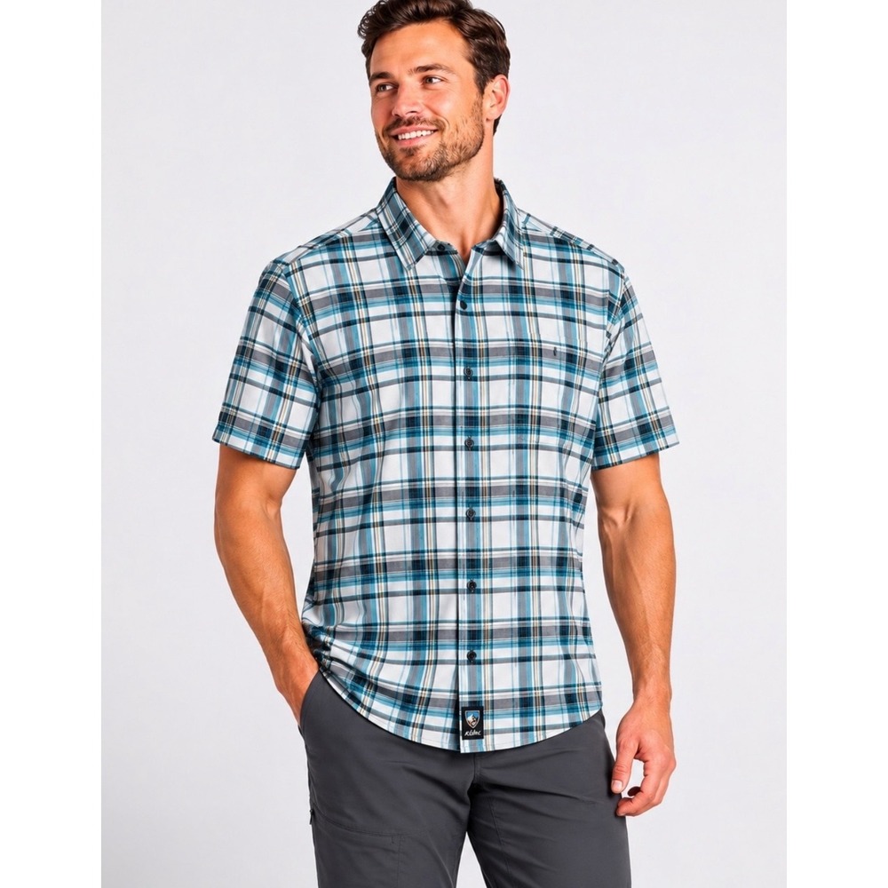 KÜHL Men's Plaid Short Sleeve Button Up Shirt Blue Green Outdoor Size L